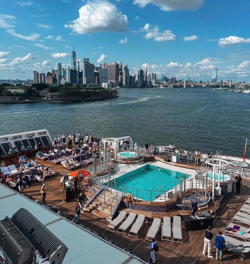 Queen Mary 2 pool with views of NYC